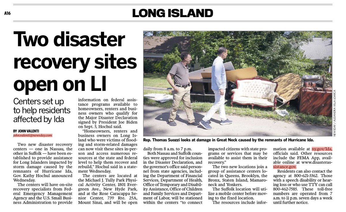 Suffolk's disaster recovery site is open at the Rose Caracappa Senior Center at 739 Route 25A in Mount Sinai, 11766.  The site is open daily from 8am to 7pm.
Residents can also contact FEMA at 800-462-7585.  Online go to ny.gov/Ida and disasterassistance.gov.