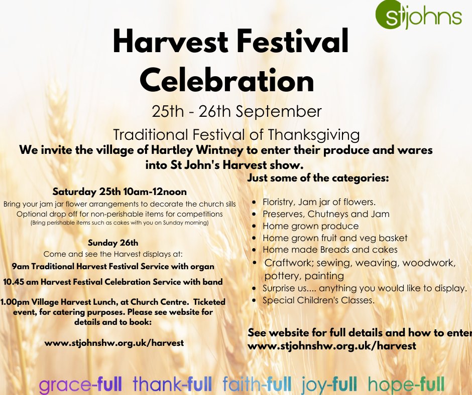 Please do join us for our Traditional Harvest celebration. We have a fun competition to enter and a posh ploughman's lunch please see our website for details on how to get involved.  stjohnshw.churchsuite.co.uk/events/w4jc2ezh