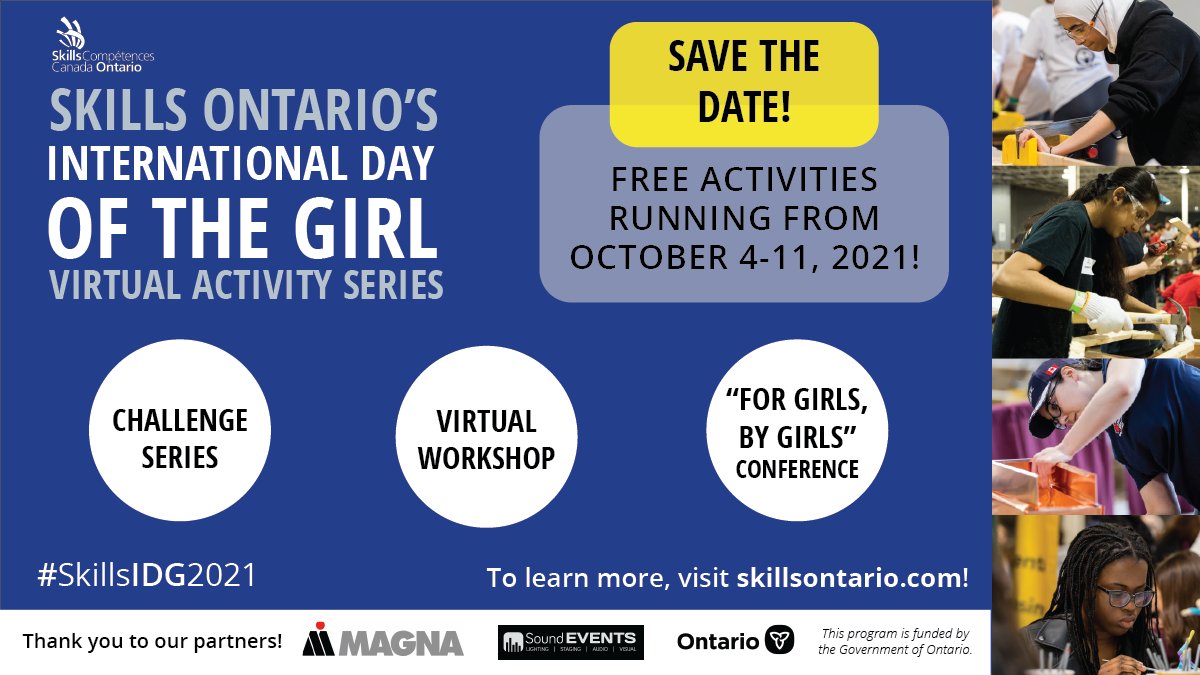 skillsontario's tweet photo. 🚗 Make a car
🎠 Build a playground
👔 Design apparel
🗼 Construct a tower
🤖 Code a robot

...all from home! For our International Day of the Girl virtual series, you can put your skills to the test and win prizes!

Details at https://t.co/v9POu97Zvu! #SkillsIDG2021 https://t.co/lQmdWTA5Pq
