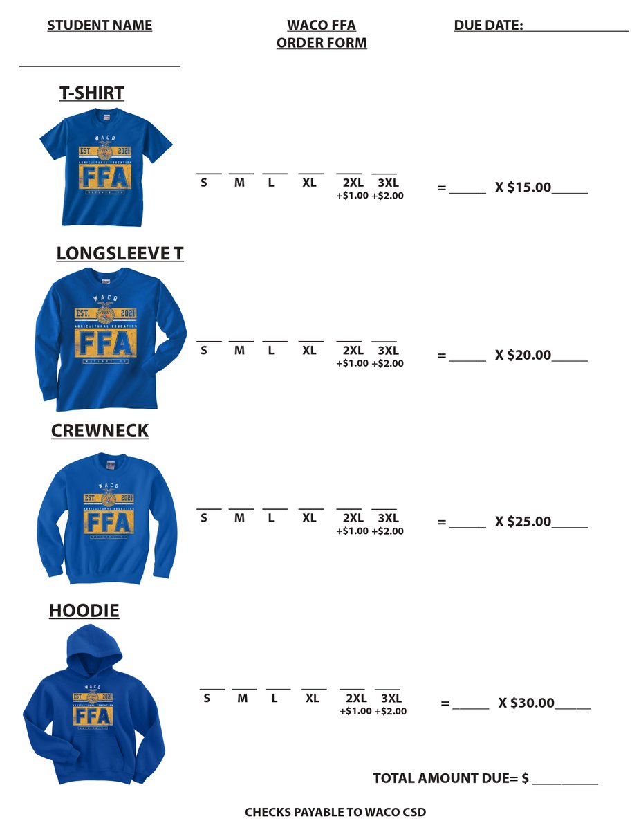 WarriorsWaco's tweet photo. Deadline extended! WACO FFA shirts may be ordered until September 23!

Show your Farm Pride AND WACO Pride by making your purchases TODAY!

Click that little share button and help spread the news!

Contact FFA Sponsor Ethan Fetzer at ethan.fetzer@wacocsd.org. https://t.co/8zTZXVTP7f