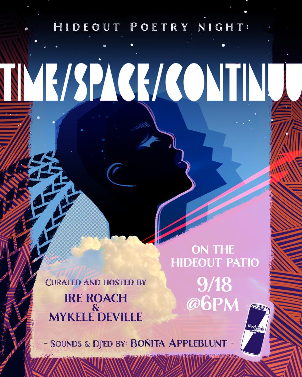 hideoutchicago's tweet photo. This Saturday ✨ Join us for an evening of beautiful poetry with TIME/SPACE/CONTINUU, an evening of rhythm and word centering Black, brown and queer voices and their continued existence in times and spaces that thrive on their non-existence.

Tickets 👉 https://t.co/XtLDJSjCgL https://t.co/4Zj33WnYnX