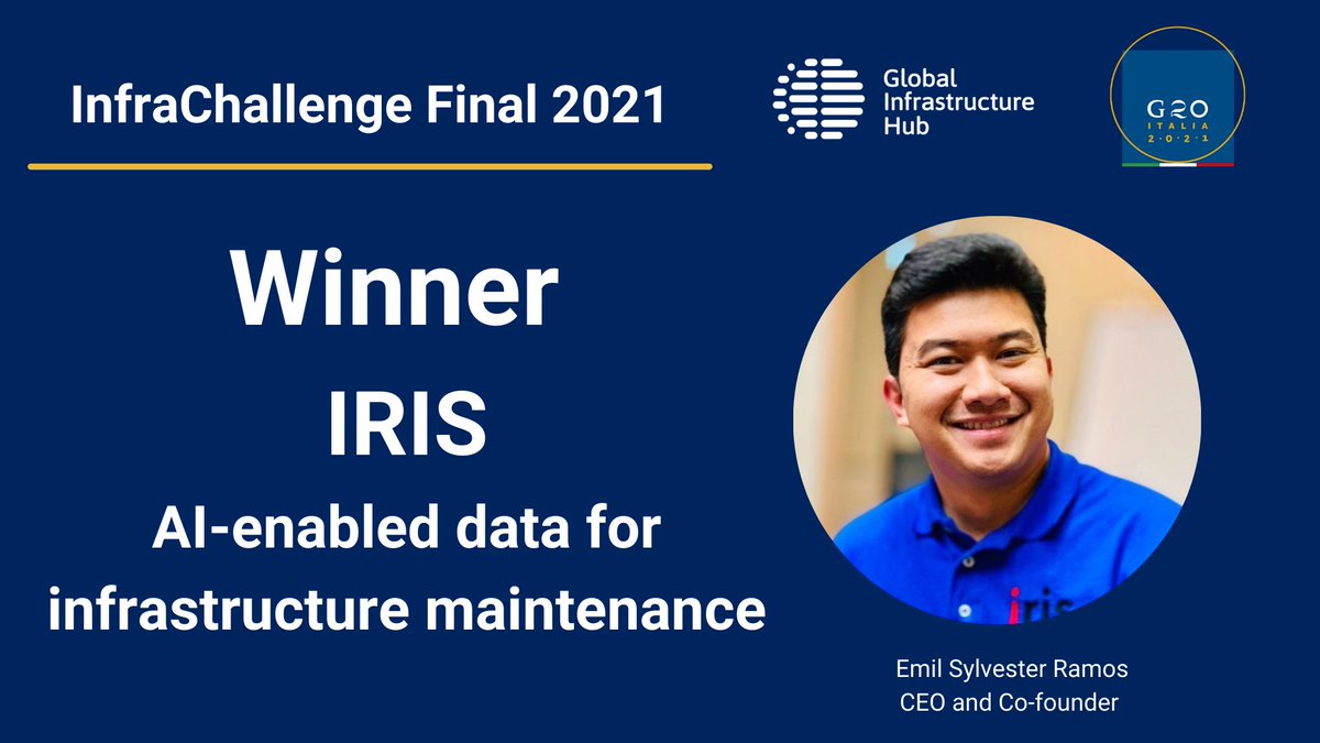 gi_hub's tweet photo. Congratulations to @irisradgroup for being named the #InfraChallenge 2021 winner! IRIS’s winning solution enables cities to monitor infrastructure assets by using AI-enabled data collection and reporting. 
Listen to their interview: https://t.co/LT0ANSoV0L  
@g20org  #Resilience https://t.co/0w64glh9Qx