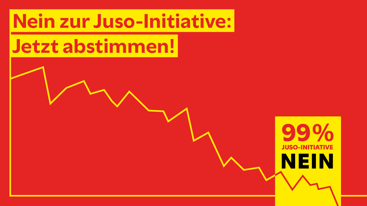 Wir brauchen jede Stimme, um die schädliche Juso-Initiative zu Fall zu bringen!
Legen Sie am 26. September ein entschiedenes Nein in die Urne oder helfen Sie bereits heute mir Ihrer Briefwahl, um den Wirtschaftsstandort Schweiz zu schützen!
#99nein
nein-zu-99prozent.ch