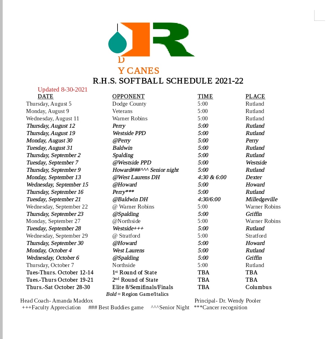 Updated Schedule for the #RHSLadyCanes as of today.
Pending rescheduled games from changes due to weather