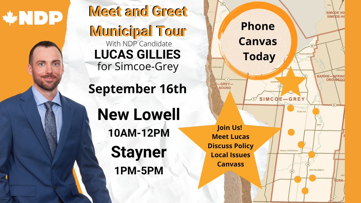 SimcoeGreyNDP's tweet image. Lucas will be concentrating on New Lowell and Stayner today! He will be making phone calls to residents and businesses to learn more about what their local needs are! 🧡 #Elxn44 #simcoegrey #VoteNDP