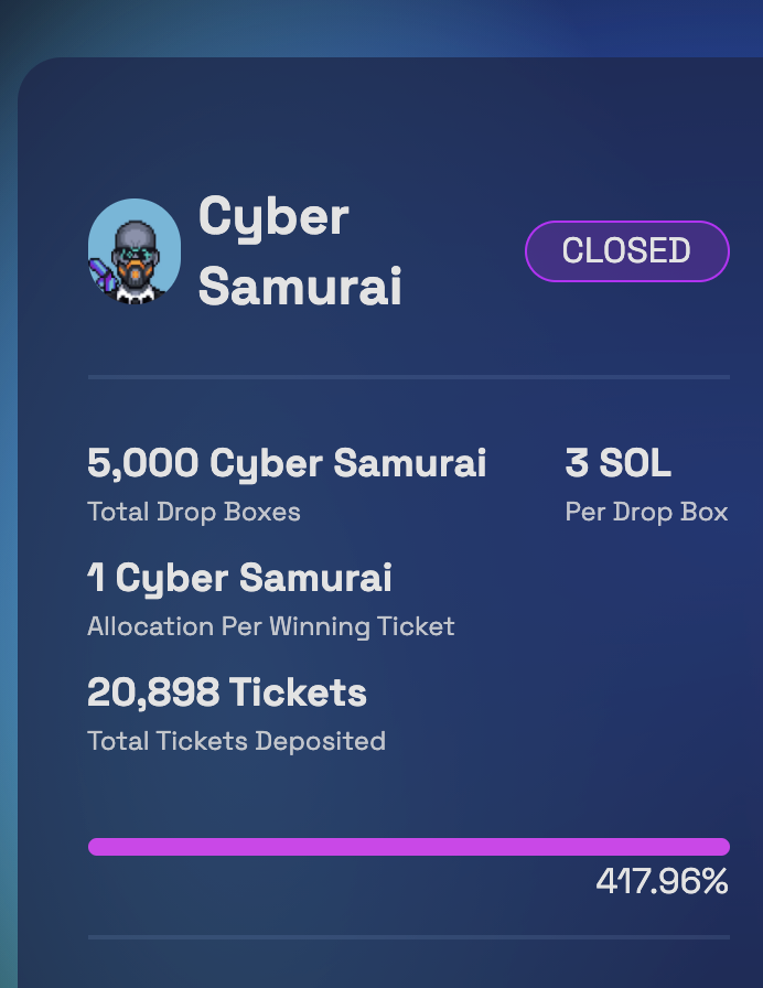 Raydium's tweet photo. The first DropZone launch, @CyberSamuraiNFT, is complete! 👹🚀

Drop Box claims are now open and can be redeemed on https://t.co/LpUuZRBUeu https://t.co/1J1X9dsyGI
