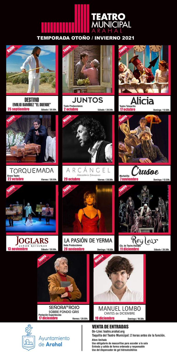 #CulturaArahal 

Programación del Teatro Municipal de Arahal para los meses de septiembre, octubre, noviembre y diciembre de 2021.

ℹ️ Información y venta de entradas en teatro.arahal.org.