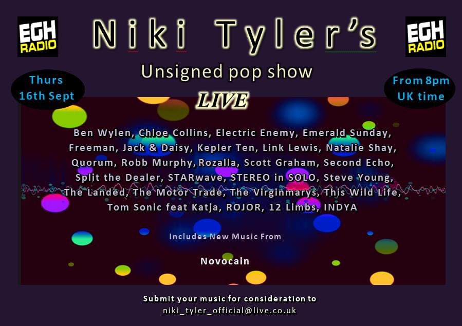 nikityler1's tweet photo. Playing on my @EGHRadio pop show tonight @ROJORMUSIC @12Limbs @QuorumOfficial @thevirginmarys @TheMotorTrade1 @rozallab @BenWylen #JackandDaisy @thiswildlife @emeraldsunday1 @secondechomusic @KeplerTen #SplitTheDealer @Novacain_band https://t.co/8oDrpj400T