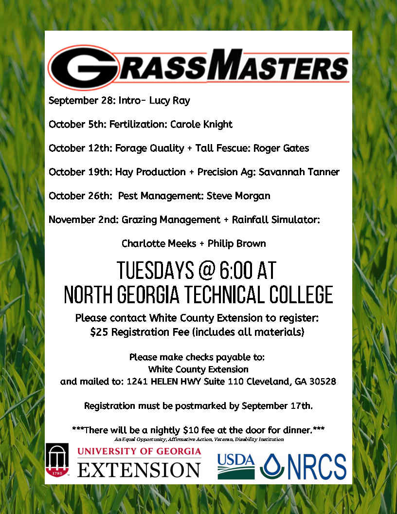gaforages's tweet image. Our next #grassmasters series will be held in White County, GA. Contact their #extension office at 706-865-2832 to register!
#GeorgiaForages #UGAExtension