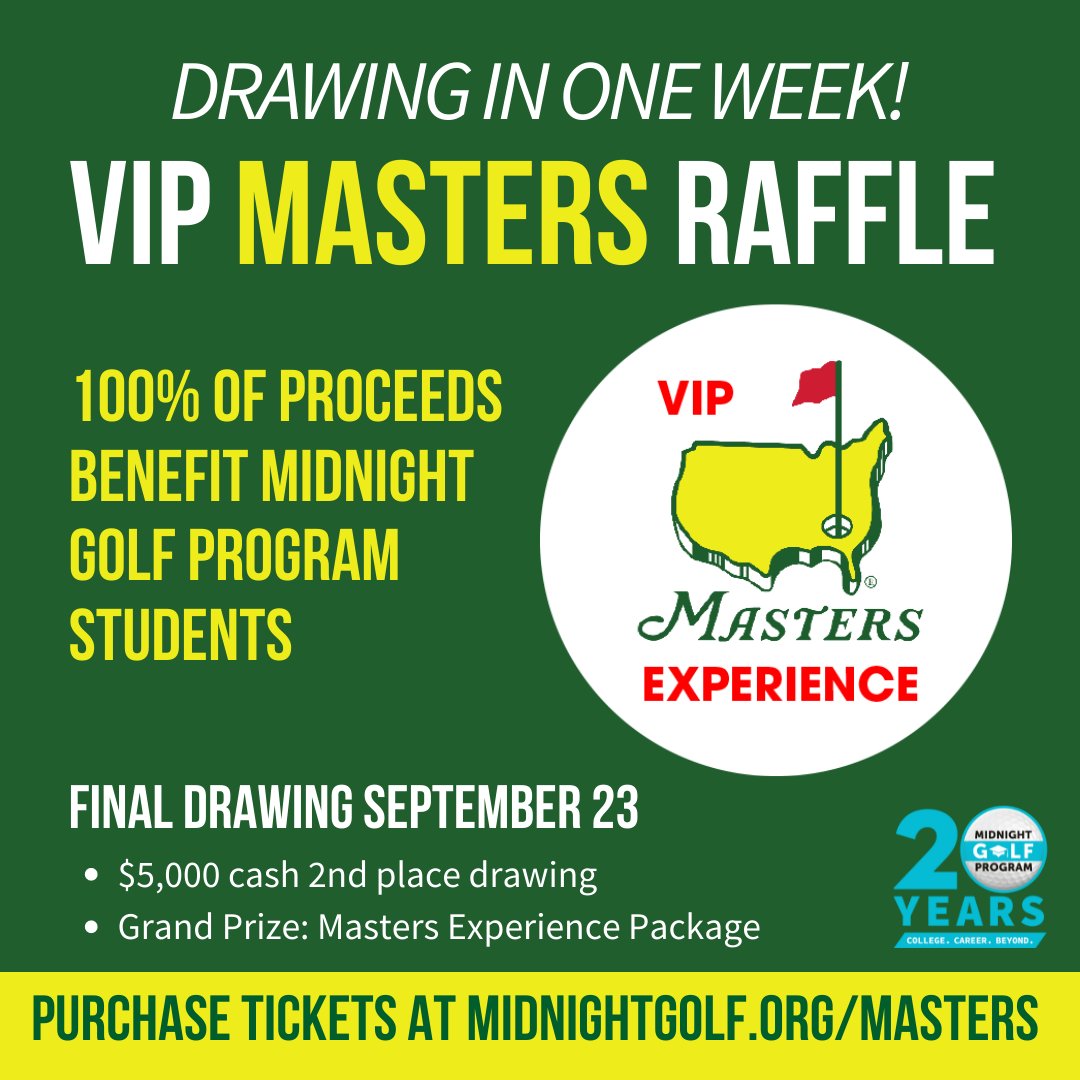 ONE WEEK until the Masters Raffle Final Drawing! This chance to win a trip to the Masters is a great way to support our students. Winners will be announced on September 23. Get your tickets at midnightgolf.org/vip-masters-ra…
#mgp #mastersraffle #detroit