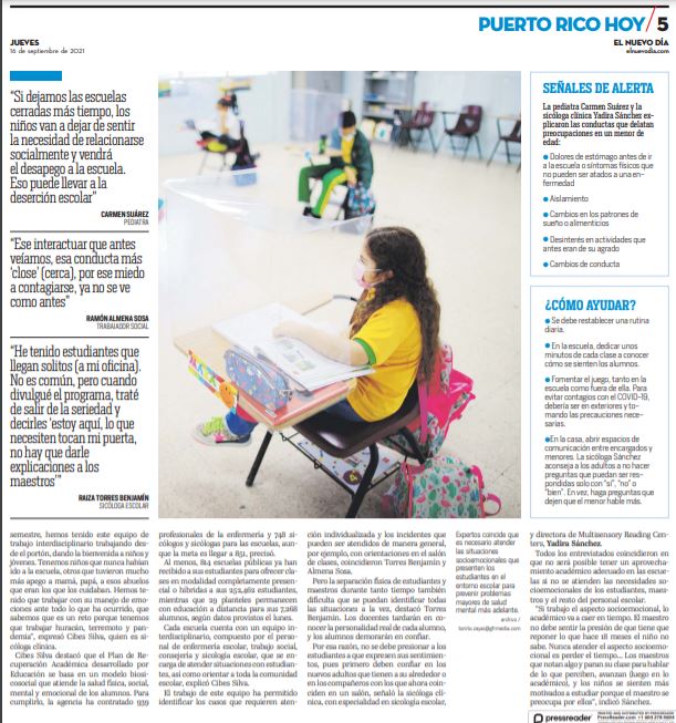 Se continúa atendiendo las necesidades socioemocionales de los estudiantes del <a href="/EDUCACIONPR/">Dpto. de Educación</a>.  Para ello, se ha contratado 939 profesionales de la enfermería y 748 psicólogos para atender las necesidades de los niños y jóvenes de todas las escuelas.