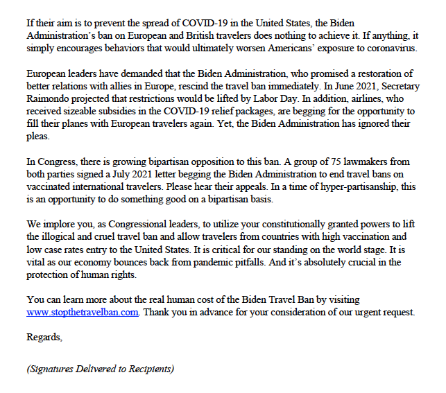 StoptheBan2021's tweet photo. Here is the letter sent to @LeaderMcConnell @chuckschumer @SpeakerPelosi &amp; @GOPLeader this morning. It was signed by more than 1,000 Americans whose lives are being destroyed by the Biden Travel Ban. #LoveIsNotTourism #StoptheTravelBan https://t.co/Kcz7FNUF8U