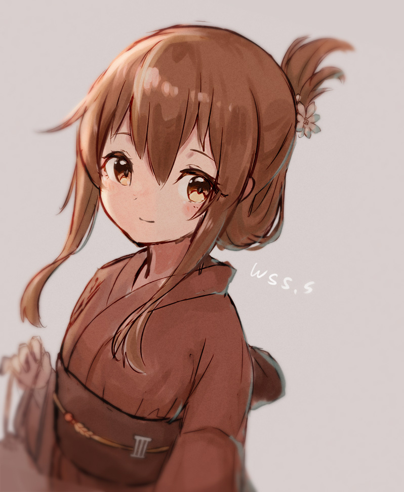 inazuma (kancolle) 1girl solo japanese clothes brown hair folded ponytail kimono brown eyes  illustration images