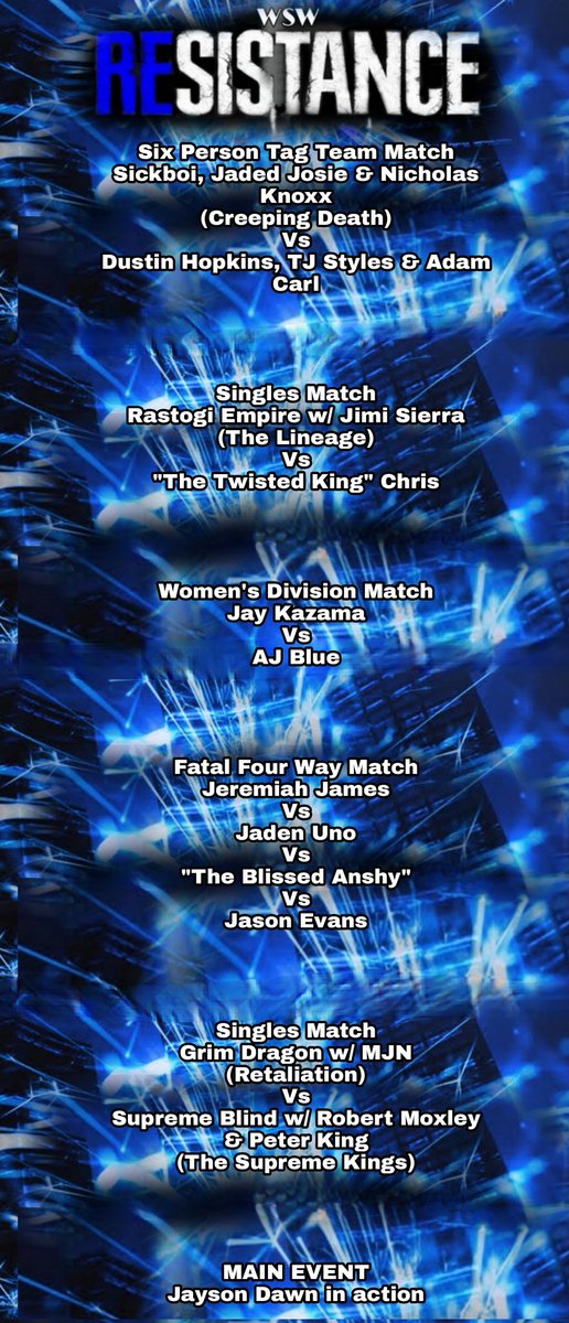 WSWFederation's tweet photo. @dowdyj11, @IngallineraJo &amp; @InfamousKCStor1 reunite and they face the team of @DustinHopkins05, @TJ_STYLES_DZ &amp; @AdamCarl2005 

@TwistedBliss88 takes on The Lineage's leader @UjjwalR1031864 w/ @NikhilSRMania 

Women's Division Match between @itsjaybaee &amp; @AjBlueBayBelt https://t.co/eqWSDuyHxI