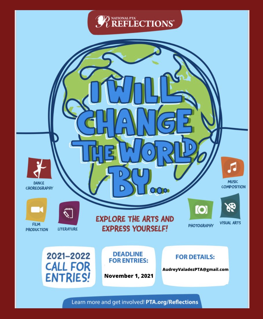 AvocadoPTA's tweet photo. All students are welcome to participate in the 2021 Reflections Art Program and share how they will change the world through their art. Categories consist of dance choreography, film, literature, music composition, photography, or visual art.  Info: audreyvaladezpta@gmail.com. https://t.co/ZQkAGgdrul