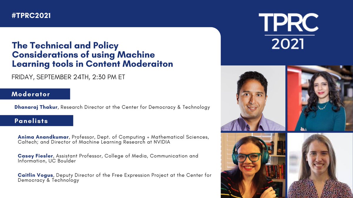 TPRCtweets's tweet image. Content Moderation panel, Fri, Sept 24. #TPRC2021 #machinelearning #content Register now: tprcweb.com/registration