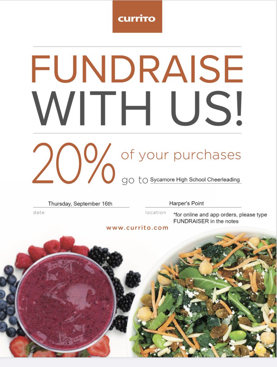 shscheer7's tweet photo. Today’s the day!! Grab some Currito at Harpers Point until 4pm or Blue Ash until 9pm to support your SHS Cheerleaders! Don’t forget you have to show them the flyer at the register or type the word FUNDRAISER in the notes for online orders and orders placed through the app! https://t.co/Uk6XswMH42