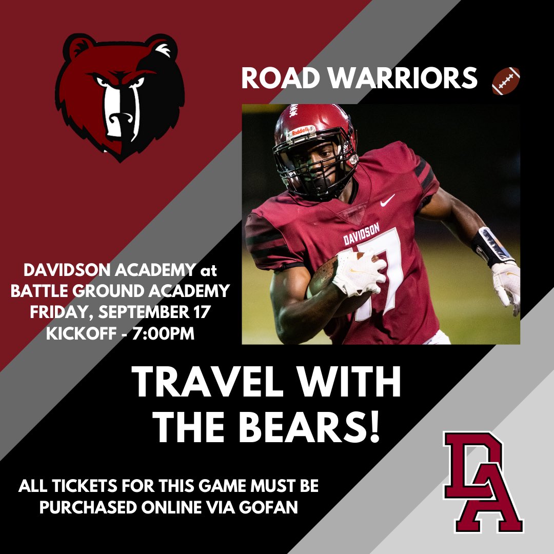 Davidson Academy (@davidsonacademy) on Twitter photo Make sure to purchase your ticket online for the <a href="/BearsDavidson/">Davidson Academy Football</a> game FriDAy night at BGA with the GoFan link. Tickets will not be sold at the gate for this game.
gofan.co/app/events/336…
#theDAway #acceptthechallenge Make sure to purchase your ticket online for the <a href="/BearsDavidson/">Davidson Academy Football</a> game FriDAy night at BGA with the GoFan link. Tickets will not be sold at the gate for this game.
gofan.co/app/events/336…
#theDAway #acceptthechallenge