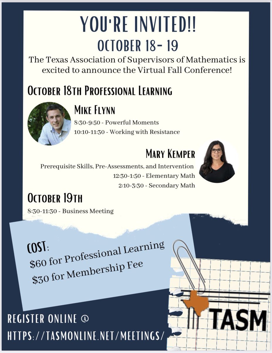 TASM (@mathleaders) on Twitter photo We are excited to announce our Virtual Fall Conference!
🗓10/18 Professional Learning:
Join <a href="/MikeFlynn55/">Mike Flynn</a> in the morning and @MrsKemper in the afternoon.
🗓10/19 Business Meeting
Register TASMonline.net/meetings/ We are excited to announce our Virtual Fall Conference!
🗓10/18 Professional Learning:
Join <a href="/MikeFlynn55/">Mike Flynn</a> in the morning and @MrsKemper in the afternoon.
🗓10/19 Business Meeting
Register TASMonline.net/meetings/