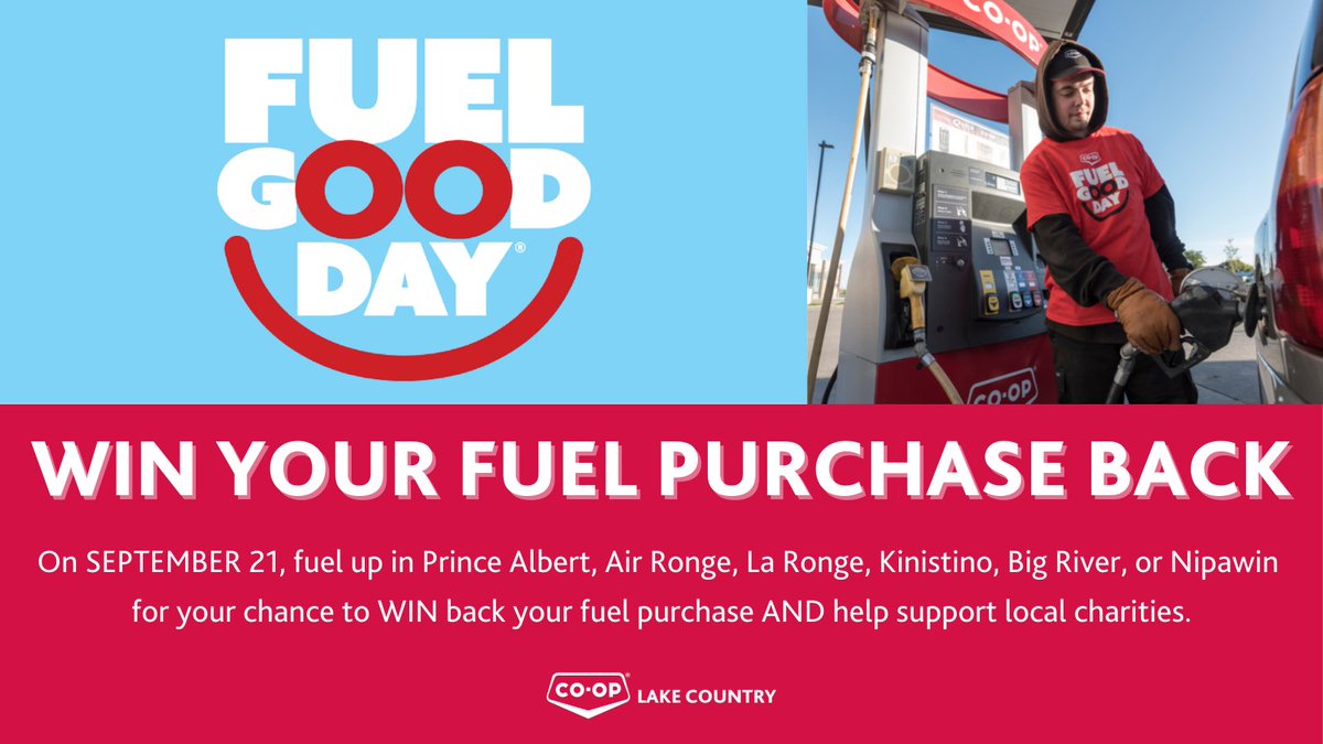 lakecountrycoop's tweet photo. Mark your calendars.  #FuelGoodDay is almost here! ⛽ 

Fill up with fuel at a participating Lake Country Co-op location on Tuesday, September 21st and you’ll have a chance to WIN your fuel purchase back AND support a local charity. https://t.co/PY9CsFoZq1