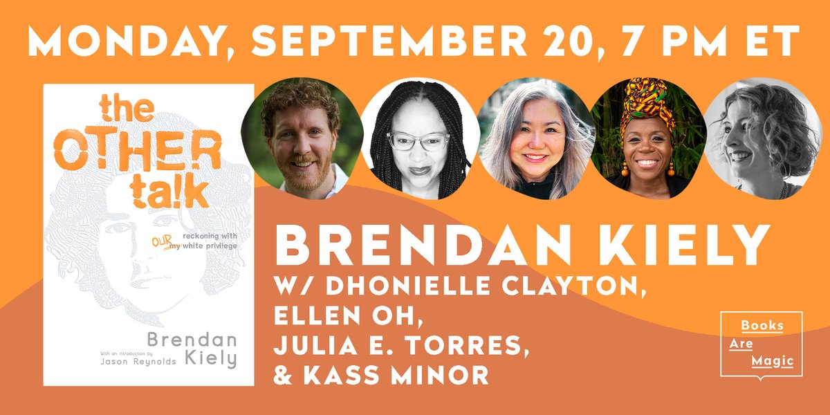 Don't miss this virtual event for <a href="/KielyBrendan/">Brendan Kiely</a>'s THE OTHER TALK on Monday, 9/20 @ 7pm ET!

Hosted by <a href="/booksaremagicbk/">Books Are Magic</a> &amp; featuring an all-star panel with Brendan, @brownbookworm, @ElloEllenOh, and <a href="/juliaerin80/">Julia E. Torres (MAEd., MA, MLIS)</a>, moderated by <a href="/MsKass1/">Kass Minor [she/her/hers]</a>. <a href="/simonschuster/">Simon & Schuster</a>  ow.ly/9WLL50Gb0XA