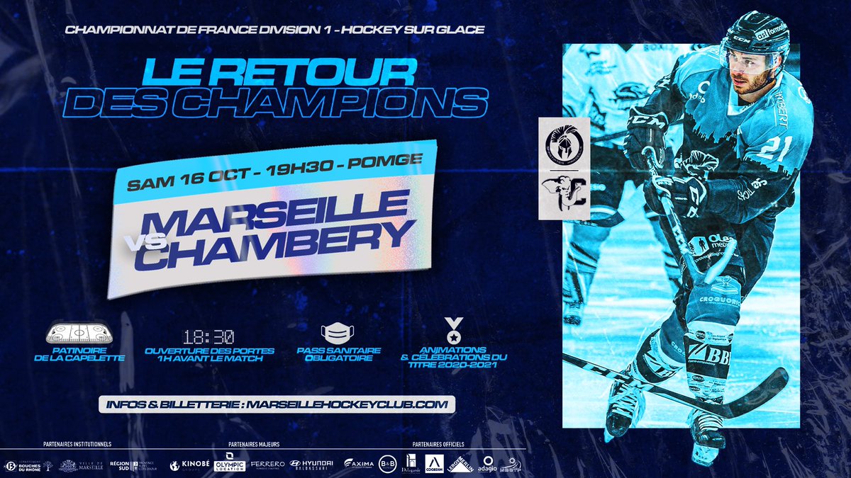 🚨 𝟮𝗲̀𝗺𝗲 𝗷𝗼𝘂𝗿𝗻𝗲́𝗲 𝗱𝗲 𝗗𝟭, 𝗟𝗘 𝗥𝗘𝗧𝗢𝗨𝗥 𝗗𝗘𝗦 𝗖𝗛𝗔𝗠𝗣𝗜𝗢𝗡𝗦 🚨
🄾🅄🅅🄴🅁🅃🅄🅁🄴 🄱🄸🄻🄻🄴🅃🄴🅁🄸🄴

Les @MarseilleHockey 🆚 <a href="/ChamberyHockey/">Éléphants de Chambéry</a> 🐘
RDV le 16 OCTOBRE 2021 à 19h30 à la Patinoire de <a href="/marseille/">Ville de Marseille</a> (1/2)