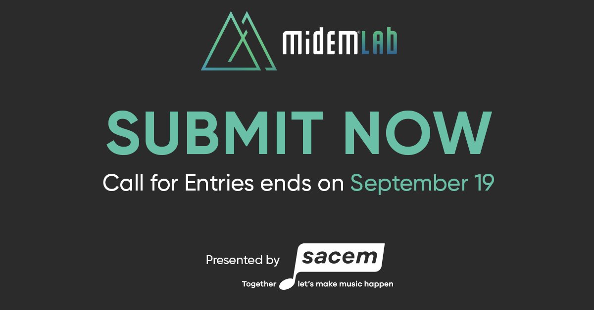 sacem's tweet photo. 🚨 LAST CALL 🚨
You're an innovative, promising #musictech startup?
You still have until september 19th to apply for the 2021 edition of #MidemLab ➡ https://t.co/ImYDaZaUUq
Midemlab is a unique chance for startups to get appraised by #musicindustry execs from around the world https://t.co/LpcEi2GQEp