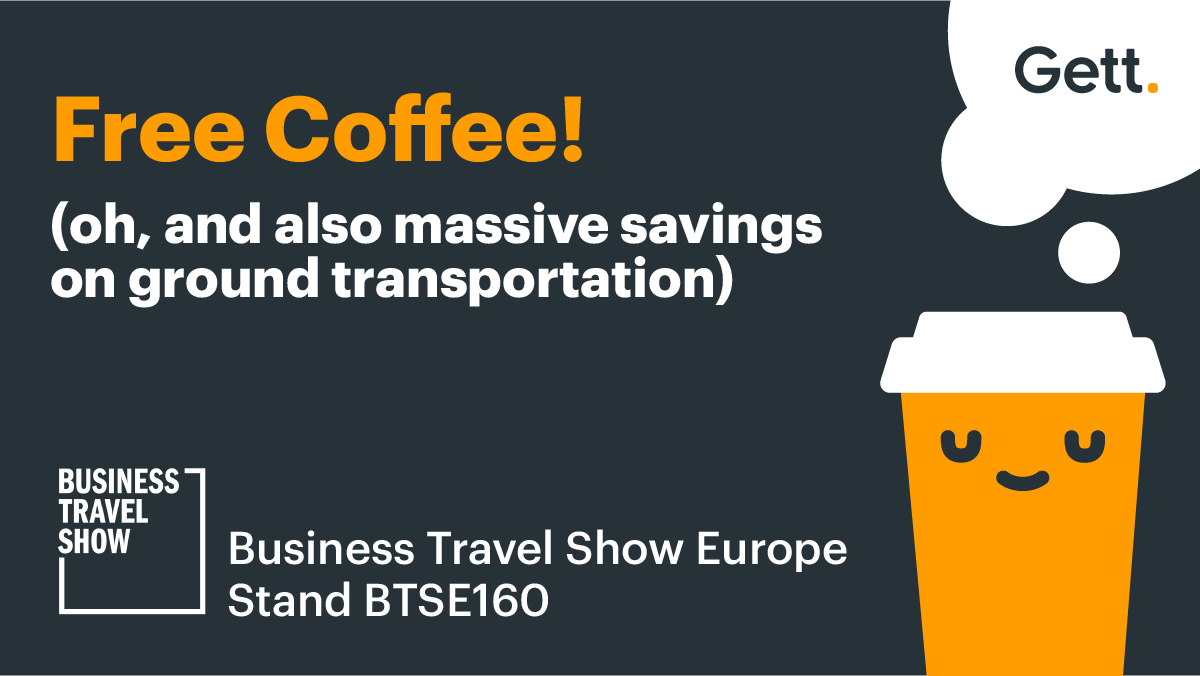 Gett_UK's tweet photo. The @BTShowlondon is back, and we’re celebrating by giving everyone what they really crave at in-person events: 
FREE COFFEE! 
Get yours by signing up for a chat with our amazing team + learn how you can save your business $$$ on ground transportation.
https://t.co/U92Ruzh58f https://t.co/hgkhwYRxlF