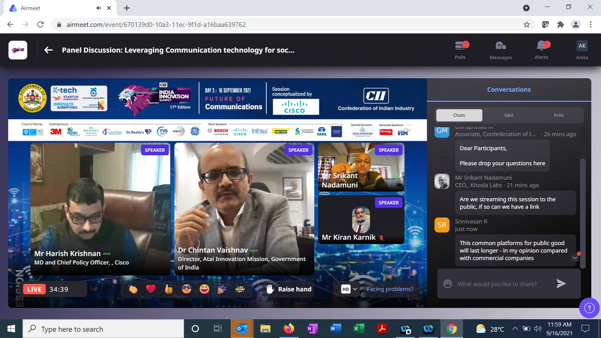 A highly engaging session on innovations in technologies and business/governance models can eb leveraged for larger social/public good at the II #IndiaInnovationSummit @CIS4SR with <a href="/srikanth_tweet/">Srikanth</a>
#KiranKarnik and <a href="/DrChintan_V/">Chintan Vaishnav</a>

<a href="/kris_sg/">kris gopalakrishnan</a> <a href="/CB_CII/">CB</a> <a href="/cisco_in/">Cisco India</a> #TechForGood
