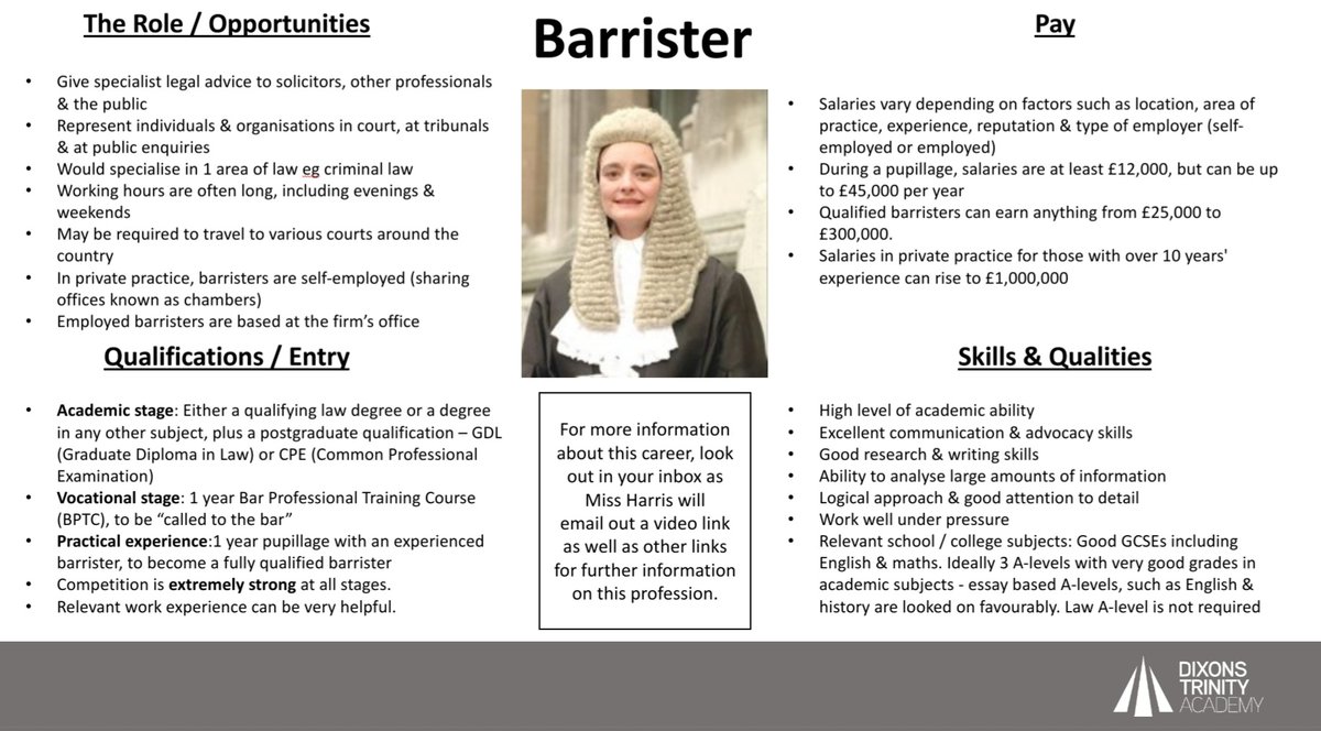 The <a href="/DixonsTA/">Dixons Trinity Academy</a> 'Career of the Week' is a Barrister.
Click the link below to find out more: 
nationalcareersservice.direct.gov.uk/advice/plannin…
Remember! For more info on careers - visit the Careers education page on our website.
dixonsta.com/why/careers-ed…
#Careers #Purpose