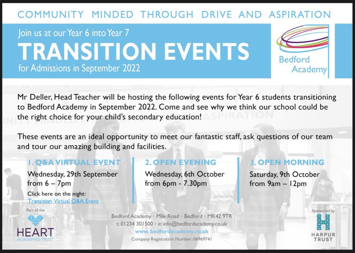 Excited to promote our open events for potential Year 6 families at <a href="/Bedford_Academy/">Bedford Academy</a> <a href="/heartacadtrust/">HEART Academies Trust</a>. Details of our Sep 2022 cohort offer are below 👇🏻 #TheBAWay #community