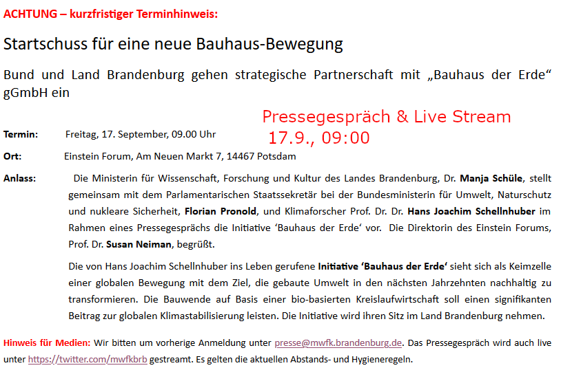 Bauhaus Erde (@bauhauserde) on Twitter photo “Bauhaus der Erde goes to Brandenburg”, Neue Visionen inklusiven urbanen Lebens, klimafreundliches Bauen, nachhaltige Infrastruktur, biogene statt mineralische Baustoffe? Die Neue Bauhaus-Bewegung nimmt ihren Sitz in #Brandenburg, <a href="/mwfkbrb/">MWFK Brandenburg</a> <a href="/BauhausEarth/">Bauhaus Earth</a> “Bauhaus der Erde goes to Brandenburg”, Neue Visionen inklusiven urbanen Lebens, klimafreundliches Bauen, nachhaltige Infrastruktur, biogene statt mineralische Baustoffe? Die Neue Bauhaus-Bewegung nimmt ihren Sitz in #Brandenburg, <a href="/mwfkbrb/">MWFK Brandenburg</a> <a href="/BauhausEarth/">Bauhaus Earth</a>