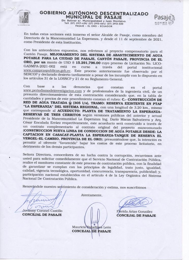 CoronelJovanny's tweet photo. Remitimos oficio a la Dra. María Sara Jijón Calderón DIRECTORA DEL @SERCOPec para solicitarle el monitoreo constante de proceso de contratación llevado adelante por @municipiopasaje.

Pedimos transparencia en los procesos de contratación

#FiscalizacionCompromisoDeTodos https://t.co/r4qeB4JrOP
