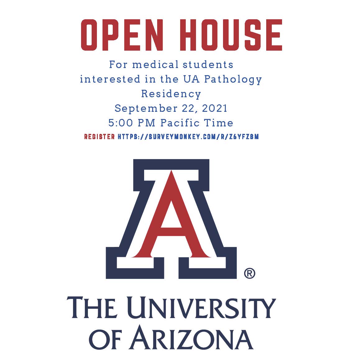 UArizona Pathology & Laboratory Medicine (@uazpathology) on Twitter photo Please register for the University of Arizona, Department of Pathology's open house on September 22nd, if you are a medical student interested in learning more about the program.
SURVEYMONKEY.COM/R/Z6YFZ8M
#pipelinetopathology #path2path #PathMatch22 <a href="/Inside_TheMatch/">Inside The Match</a> #MedStudents Please register for the University of Arizona, Department of Pathology's open house on September 22nd, if you are a medical student interested in learning more about the program.
SURVEYMONKEY.COM/R/Z6YFZ8M
#pipelinetopathology #path2path #PathMatch22 <a href="/Inside_TheMatch/">Inside The Match</a> #MedStudents