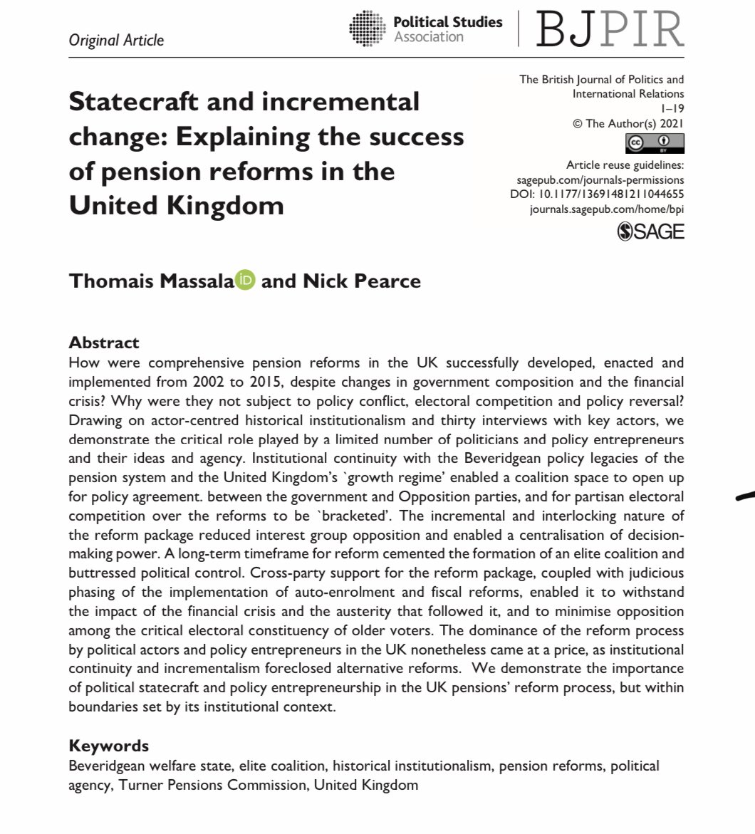 ‘We demonstrate the importance of political statecraft and policy entrepreneurship in the UK pensions’ reform process, but within boundaries set by its institutional context’

<a href="/ThomaisMassala/">Thomais</a> @IPR_NickP on pension reforms in 🇬🇧 

🔓Read for free🔓⤵️

journals.sagepub.com/doi/full/10.11…