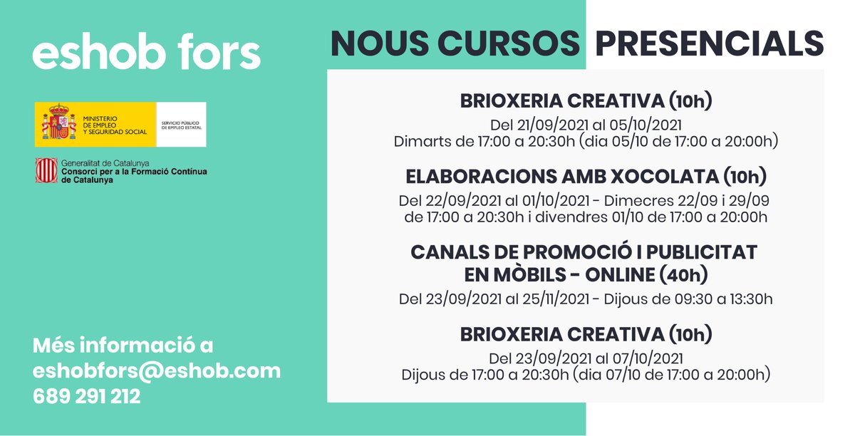 FundacioEshob's tweet photo. ▶️Ja tenim aquí l'oferta de cursos subvencionats que comencem molt aviat. 📚

📢 Apunta't a:
📩 eshobfors@eshob.com

🔜 Aviat comunicarem més formacions.

#eshobfors https://t.co/QrnSaO46KH