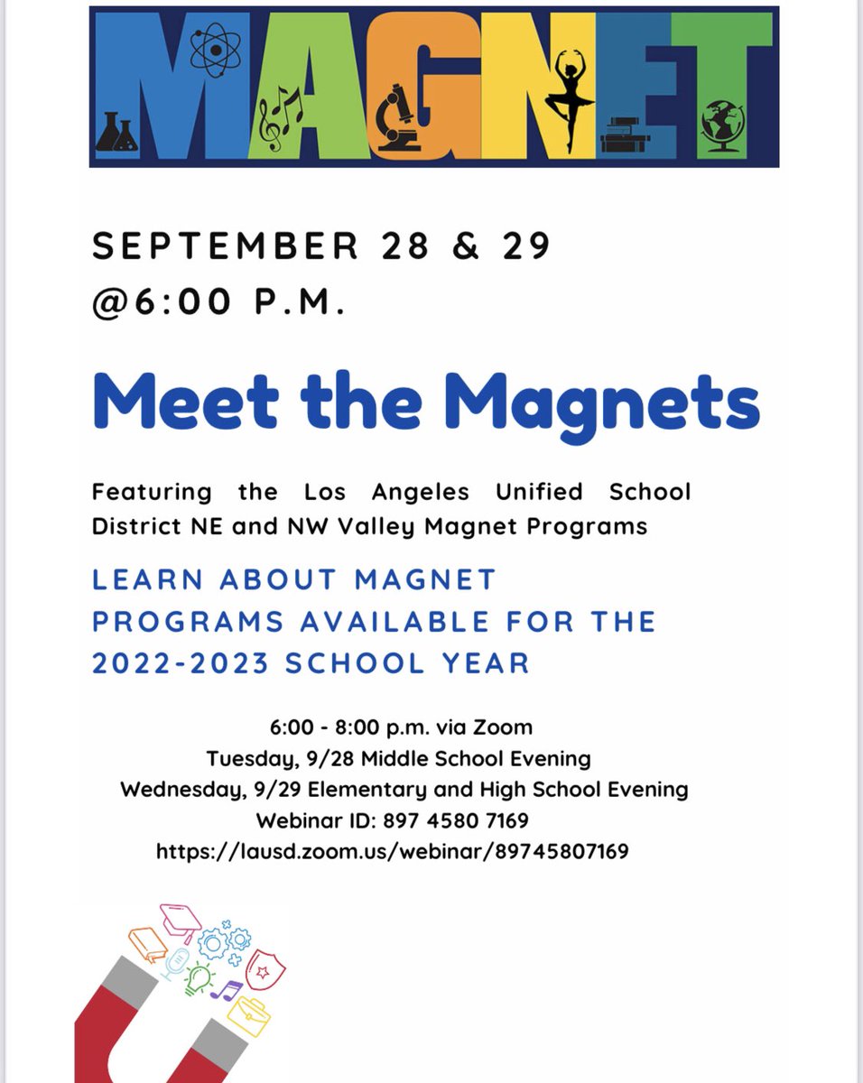 LDNW and LDNE present our 2021 Magnet Night events. These events are designed to inform parents about the Magnet application process and to introduce them to the Magnet options in the Valley. Both events will be virtual.@Kelly4LASchools @ScottAtLAUSD @LAUSDMAGNETS