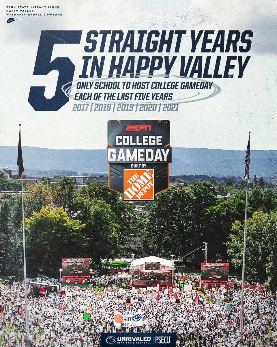 PennStateFball's tweet photo. .@CollegeGameDay in Happy Valley 5⃣ straight years? Don't mind if we do... 🙂

#WeAre https://t.co/NLu1cNRXDO