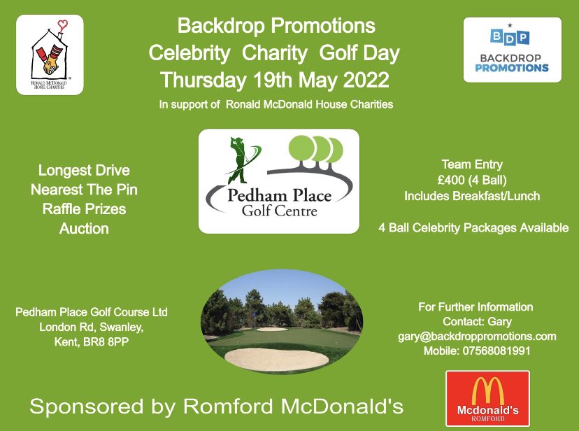 Backdrop Promotions are proud to announce their first Celebrity Charity Golf Day of 2022🏌🏻‍♂️⛳️

In support of  "Ronald McDonald's House Charities"

Please contact Gary for more information on how to enter a team.

#CharityGolfDay #Charity #GolfDay #Fundraising #Golf