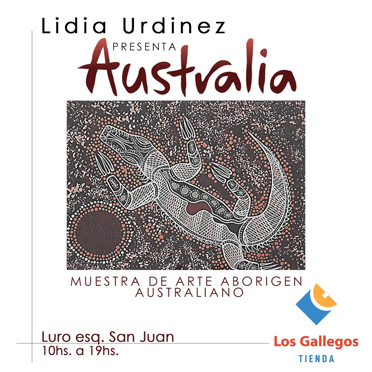 Ya pasaste por Tienda Los Gallegos de Luro y San Juan? 
No te pierdas esta muestra UNICA de Arte Australiano.
<a href="/SorrentinoCM/">Carlos Sorrentino</a> 
<a href="/LosGallegos/">Los Gallegos</a> 
#arteaustraliano
#arte