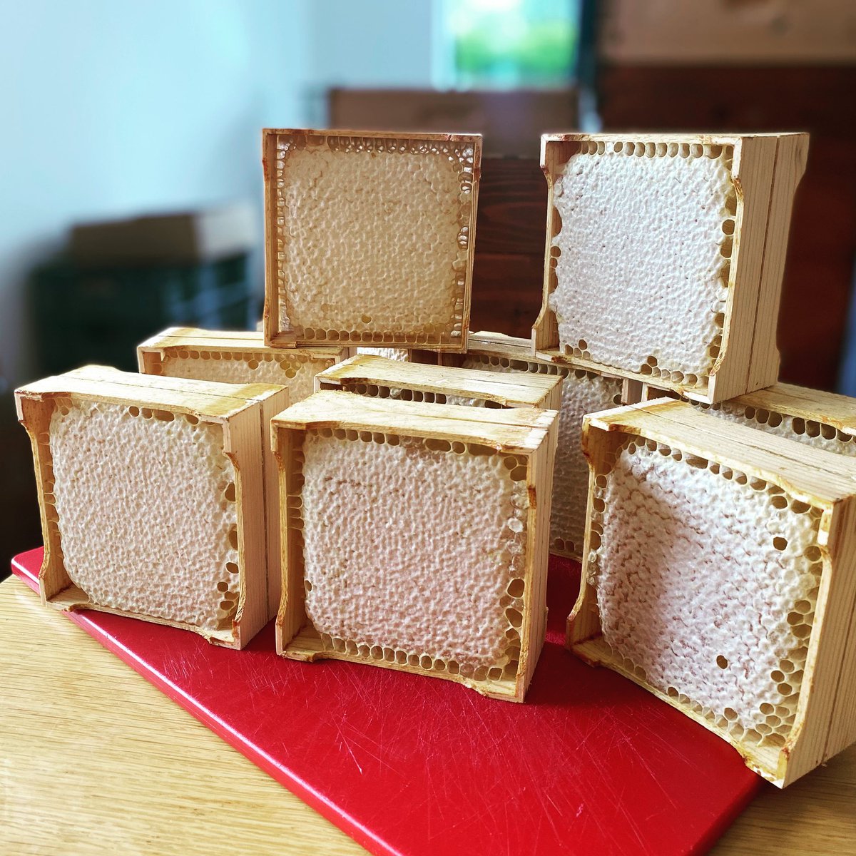 For those who like their honey straight from the bee! 🐝 Sections would have been the standard way to produce honey in Ireland in past generations. The little wooden frames go into the hives and the bees build comb straight into them. #honeycomb #sections #oldireland #traditional