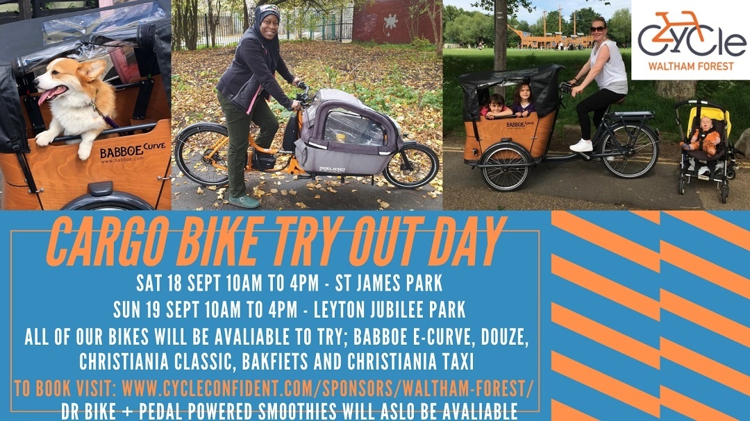 Have a free try out of a cargo bike and enjoy a pedal-powered smoothie while having a quick chat with the good Dr Bike this weekend! St James Park 10am-4pm Sat 18 and #Leyton Jubilee Park 10am-4pm Sun 19 - more details and reserve a go here: orlo.uk/ttCkJ