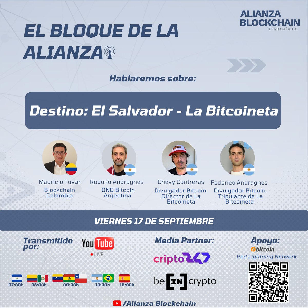 Alianza Blockchain (@alianzablock) on Twitter photo 📢Te invitamos a un nuevo programa del🎙Bloque de la <a href="/AlianzaBlock/">Alianza Blockchain</a>
👉 sobre:
"Destino: El Salvador🇭🇳 - <a href="/labitcoineta/">La Bitcoineta</a>🚐"
🗓Viernes 17
Excelente Programa!🚀
Con la participación de🗣:
🇦🇷<a href="/FAndragnes/">Fé de Medrar</a>
🇦🇷<a href="/chevosky/">Chevy</a>
🇦🇷<a href="/RodolfoBits/">Rodolfo Andragnes</a>
🇨🇴<a href="/maurotov/">Mauricio Tovar 🌴🍹</a>
🔴En: youtu.be/WPXdyl_K4vE
#Bitcoin 📢Te invitamos a un nuevo programa del🎙Bloque de la <a href="/AlianzaBlock/">Alianza Blockchain</a>
👉 sobre:
"Destino: El Salvador🇭🇳 - <a href="/labitcoineta/">La Bitcoineta</a>🚐"
🗓Viernes 17
Excelente Programa!🚀
Con la participación de🗣:
🇦🇷<a href="/FAndragnes/">Fé de Medrar</a>
🇦🇷<a href="/chevosky/">Chevy</a>
🇦🇷<a href="/RodolfoBits/">Rodolfo Andragnes</a>
🇨🇴<a href="/maurotov/">Mauricio Tovar 🌴🍹</a>
🔴En: youtu.be/WPXdyl_K4vE
#Bitcoin