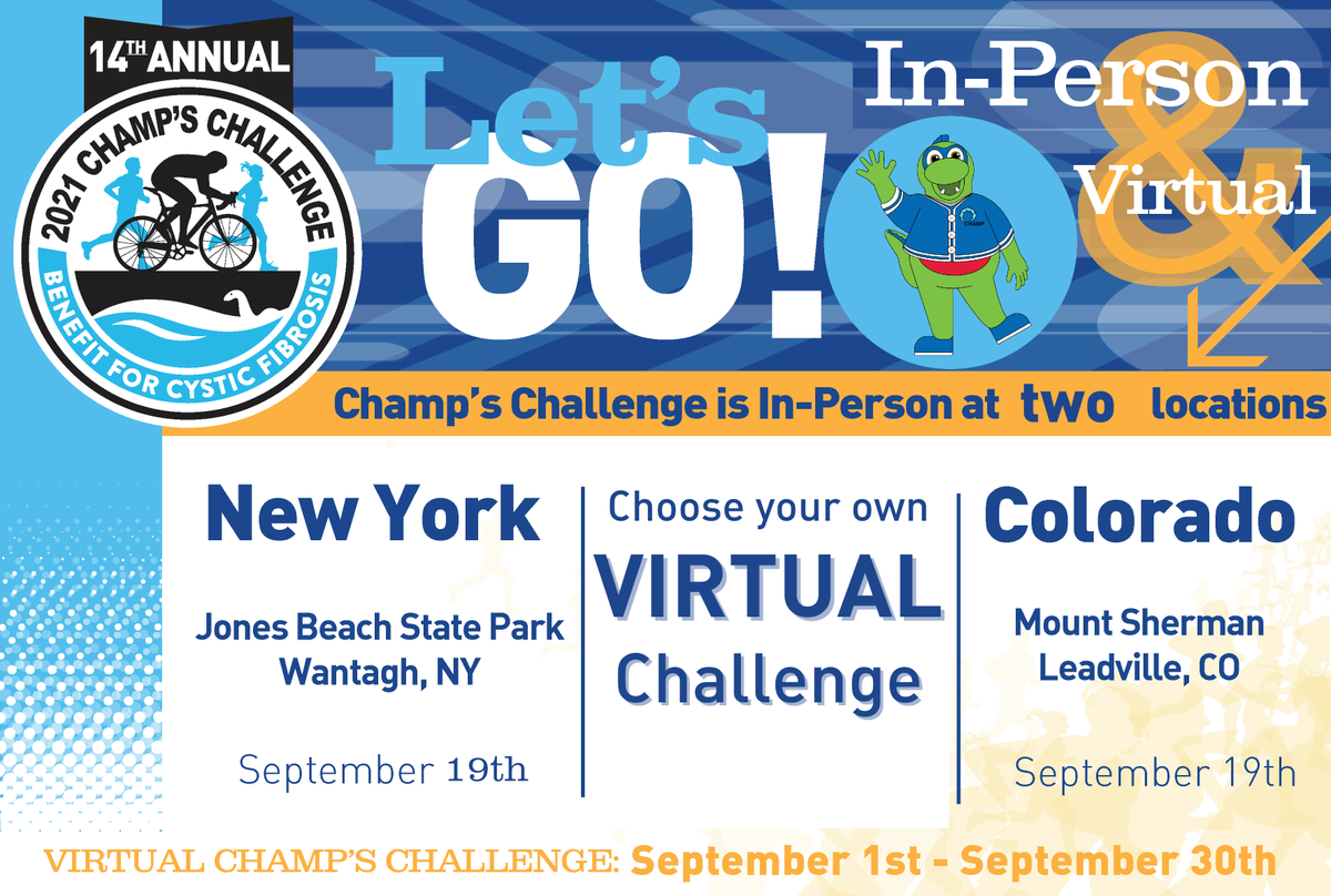 Champ's Challenge for #cysticfibrosis is happening now, through the month of September! Join us in-person this weekend in #NewYork or #Colorado OR create your own challenge and join VIRTUALLY! Sign up at champschallenge.org