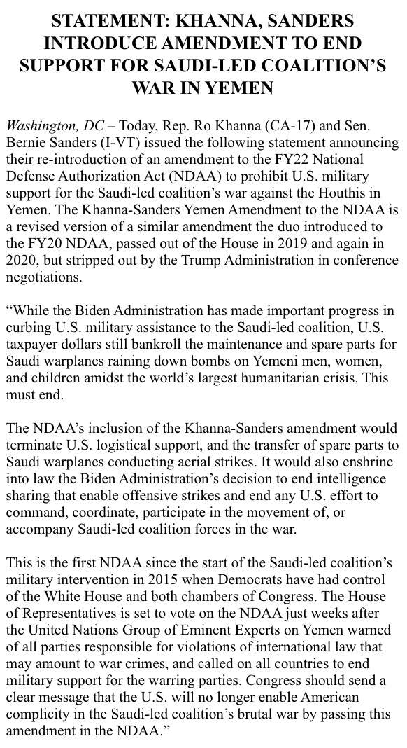 Statement on Khanna-Sanders amendment to end US complicity in Yemen war. 