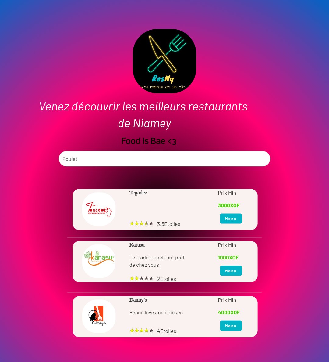 lourwana's tweet image. Je disais hier que j'ai débuté avec développer via @100_code 😍😍, yoooo j'ai créé une app de check de menus de restaurant🍗🍟🍔.
Cliquer ici :restny.bubbleapps.io/version-test/ pour voir mon app avec #100Code
🖥 Use desktop with best experience.
#39Days100Code #DigitalNiger