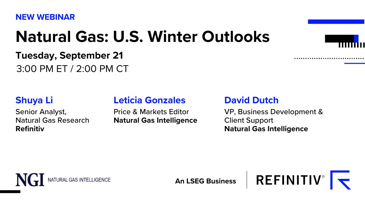 Join our upcoming webinar as experts from <a href="/Refinitiv/">Refinitiv, an LSEG business</a> and <a href="/NGInews/">Natural Gas Intel</a> will give a perspective on the winter outlook for #naturalgas Register: refini.tv/3Ejt1it #smartertrading #natgas