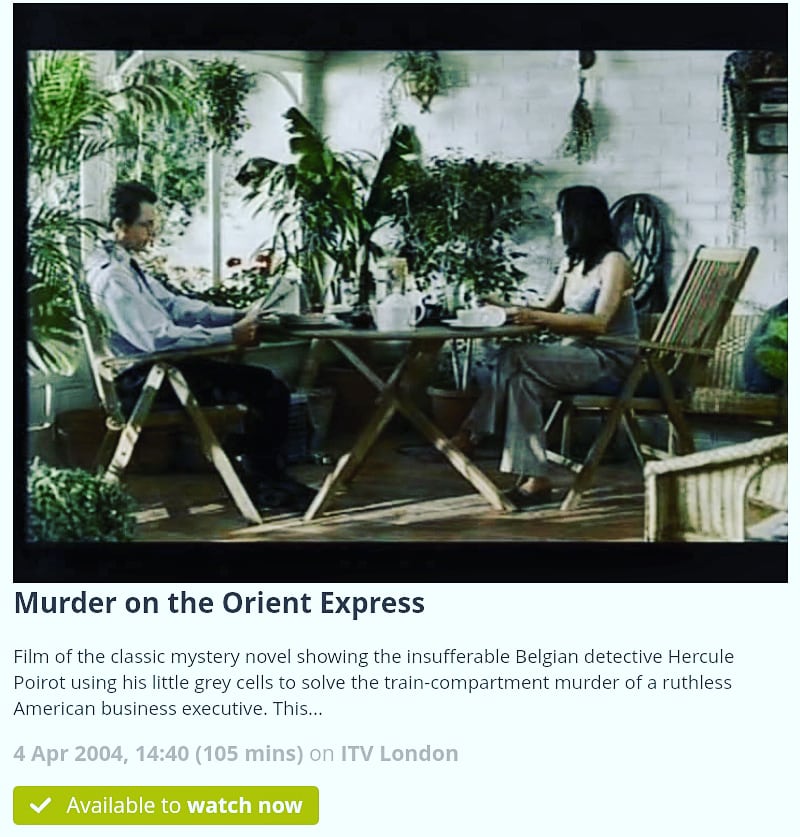 Today, I'm watching the 2001 version of @agathachristie's 'Murder on the Orient Express' @OnDemandBoB.

#murderontheorientexpress #carlschenkel #alfredmolina #lesliecaron #peterstrauss #meredithbaxter #amiracasar #tashadevasconcelos #natashawightman #agathachristie #herculepoirot