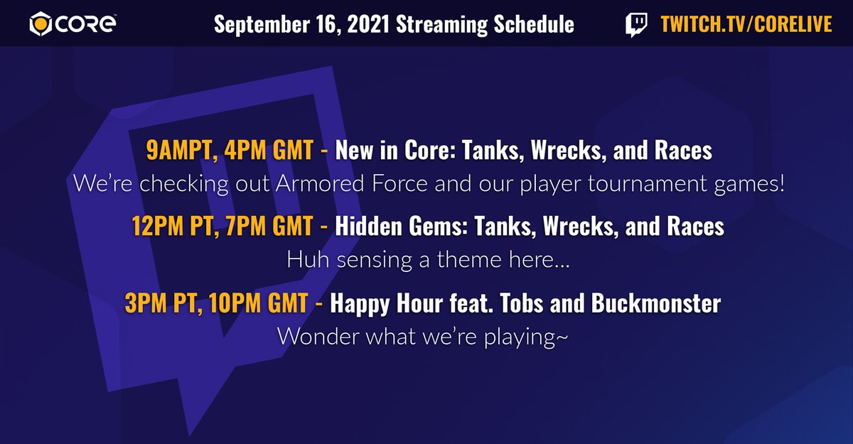 CoreGames's tweet photo. It's an extra special day of streams over at #CoreLive, all of the streams will be featuring the new event: Tanks, Wrecks, and Races! You can watch all the streams over at https://t.co/eR7tsBZkB5. 

🎉 9am, 12pm, 3pm PT: Nothing but Tanks, Wrecks, and Races! https://t.co/v8SHLtK2ix