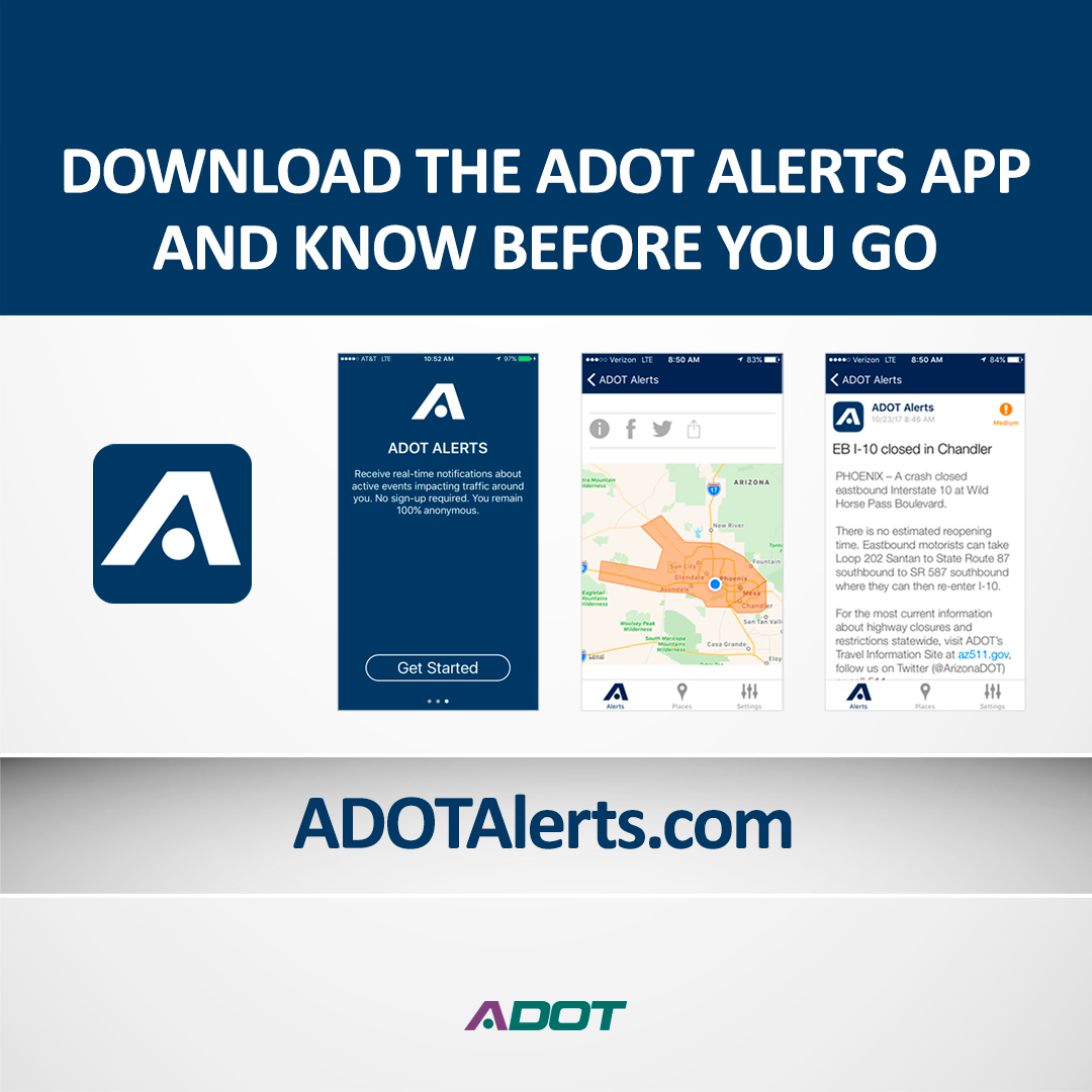 ArizonaDOT's tweet photo. Get important traffic alerts for major, unplanned highway incidents by downloading the ADOT Alerts app.
Visit https://t.co/jUswK20GTJ to download the app and learn more about it.
#trafficapp #app https://t.co/hiTtMb3xQJ